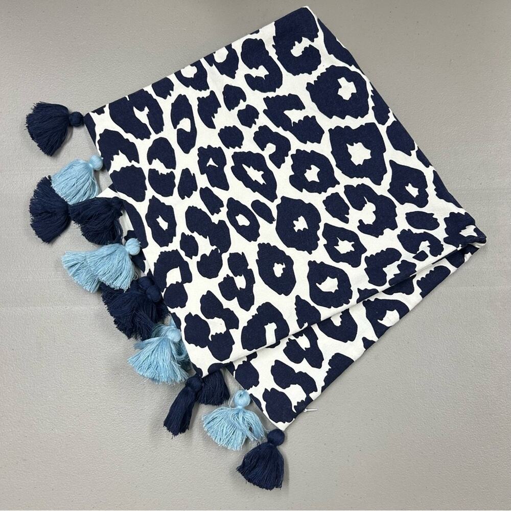 Pottery Barn Mark & Graham Leopard Animal Print Blue Tassel Pillow Cover 12 x 24